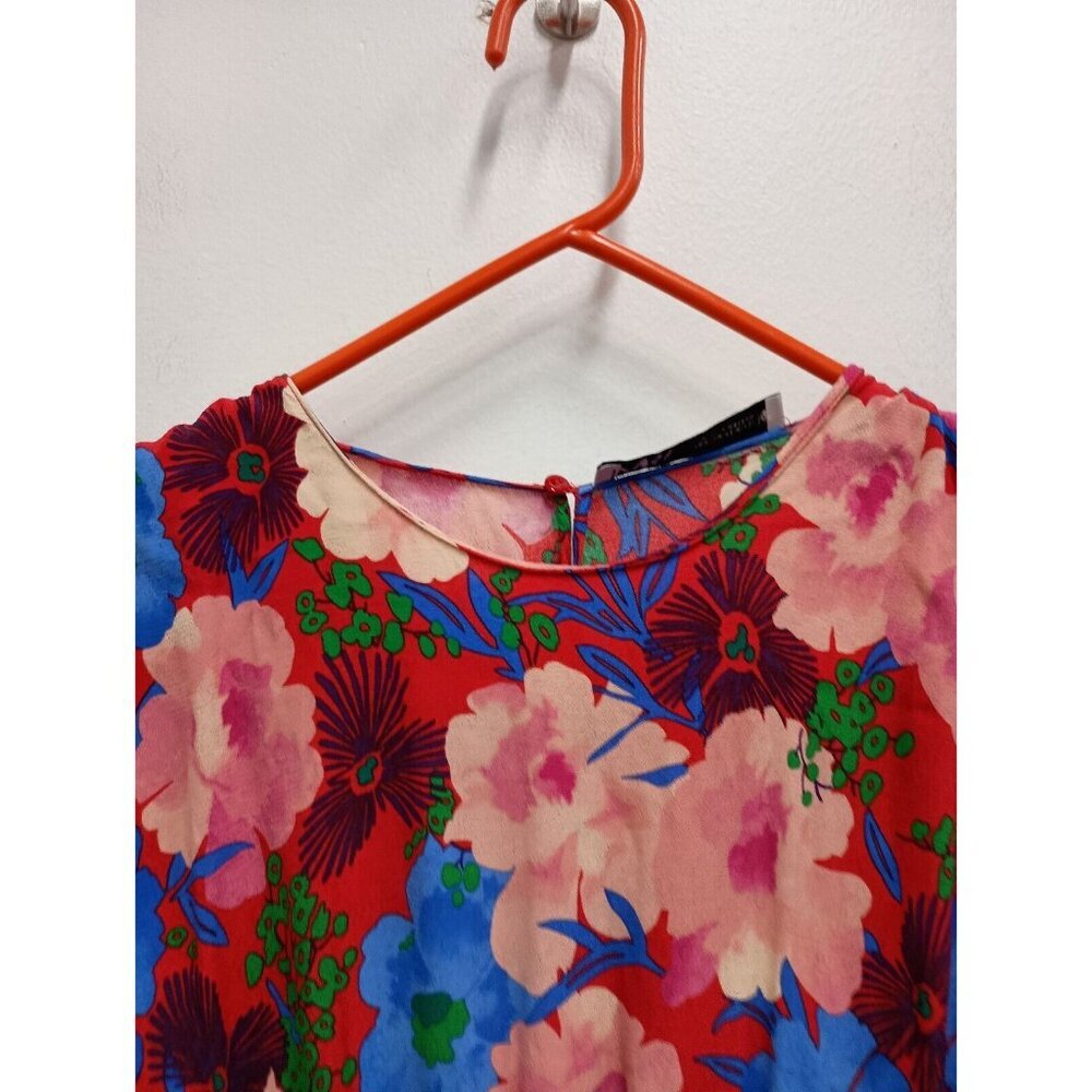Zara Womens Blouse XS Red Blue Floral Drape Long Sleeve Crew Neck Pullover Top - Picture 2 of 10